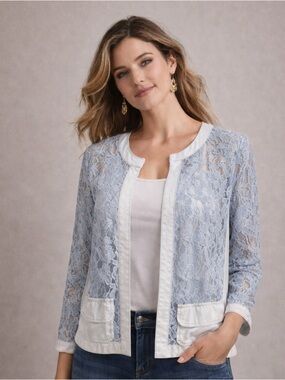 Chicos Blazer Womens 3 US XL Blue Chambray Lace Cut Out Open Front
3/4 Sleeve